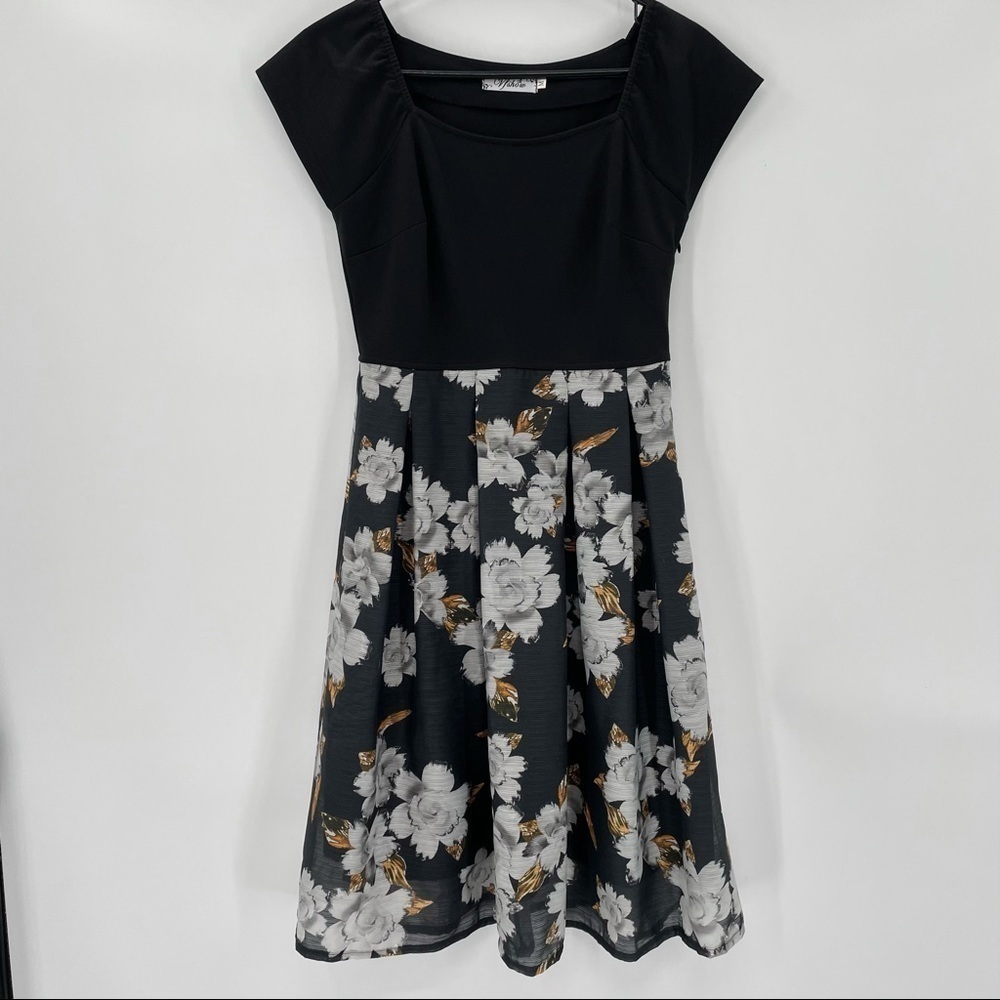 Black & Grey Floral A Line Dress